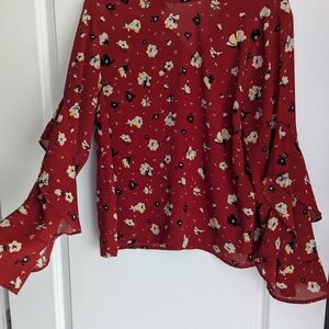 MELLODAY Floral Ruffle Sleeve Blouse in Red